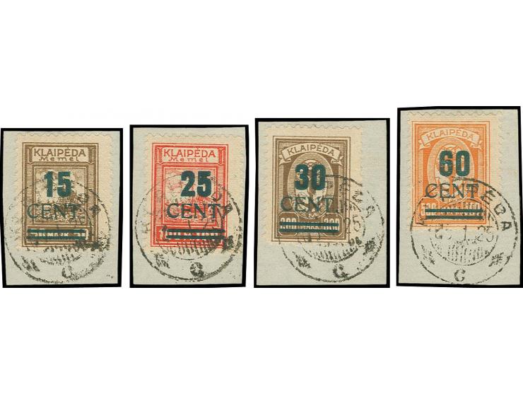 Grünaufdruck 15 C.-60 C., jeweils mit Stempel "KLAIPEDA c 5.I.25" auf Briefstücken, diverse Signaturen und Fotoattest Erdwien