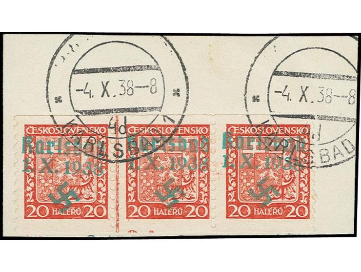Staatswappen 20 H. rot, senkrecht gezähnt L9 3/4, waagerechter 3er-Streifen mit Stempel "KARLSBAD 4.X.38" auf Briefstück; grö