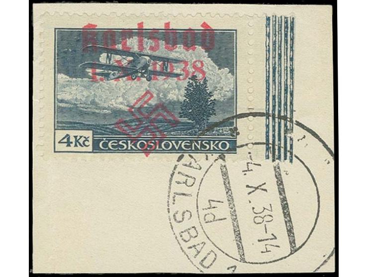 Flugpost 4 Kc. in Linienzähnung 12½, rechtes Randstück mit Stempel "KARLSBAD 4.X.38" auf Briefstück; eine außerordentlich sel