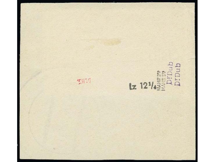 Flugpost 4 Kc. in Linienzähnung 12½, rechtes Randstück mit Stempel "KARLSBAD 4.X.38" auf Briefstück; eine außerordentlich sel