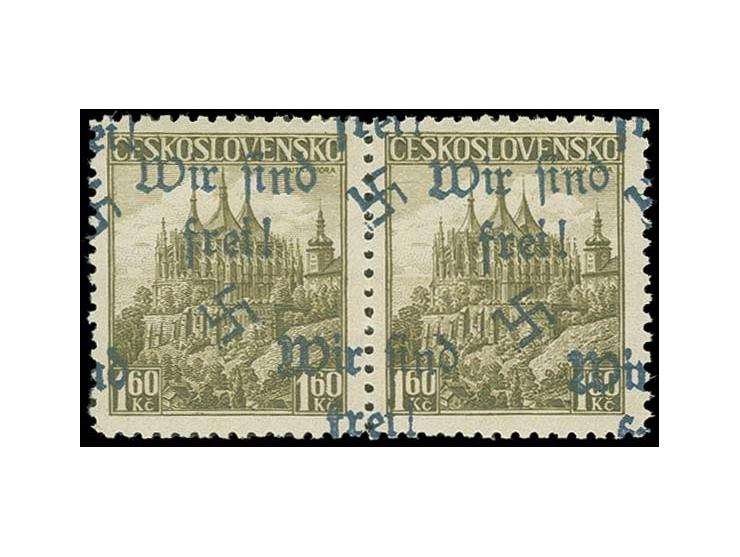 1938, Freimarken 1,60 Kc. im waagerechten Paar mit mehrfachem Aufdruck, jeweils zentrisch und übergehend in den 4 Ecken, post