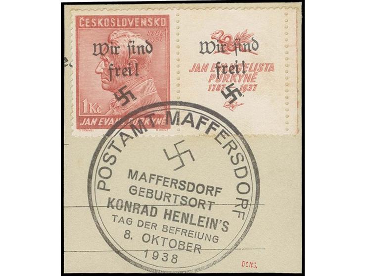 Purkyne  1 Kc. mit überdrucktem Zierfeld und Bogenrand rechts, sauber gestempelt auf Briefstück, Pracht, sign. Dr. Hörr und F