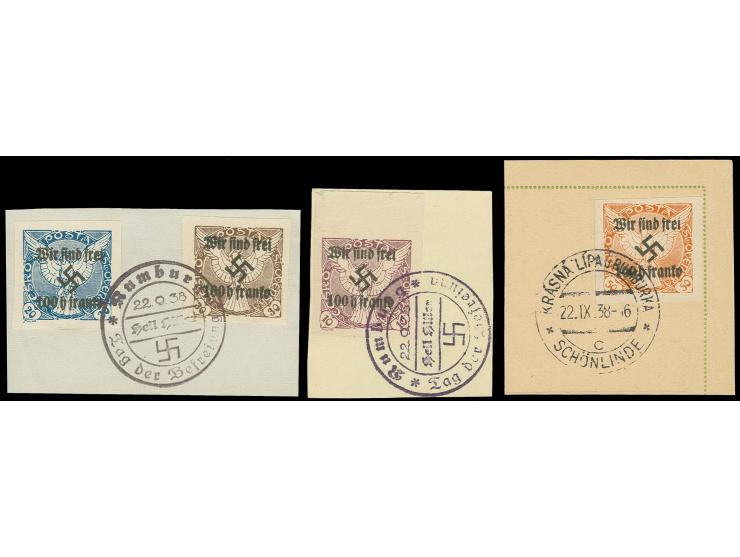 Zeitungsmarken 100 H. auf 10 H.-50 H., sauber gestempelt auf 3 Briefstücken, dabei 100 H. auf 50 H. mit seltenem Stempel von 