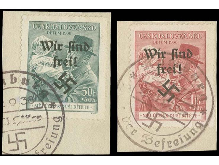 Masaryk mit Kind 50 H. und 1 Kc. sauber gestempelt auf 2 Briefstücken, u.a. sign. Dr. Hörr sowie Fotoattest Brunel BPP (Mi. 4