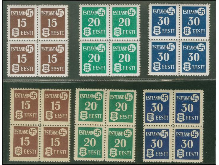 1941, 15 K.-30 K., beide Papiersorten, jeweils im 4er-Block, postfrisch, Pracht (Mi. 420,-)