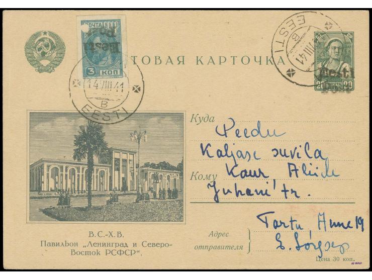 3 K. mit kopfstehendem Aufdruck als Zufrankatur mit Stempel "ELVA 14 VIII 41" auf beschrifteter Ganzsachenkarte  zur Allunion