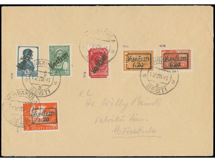 10 K.-1.20 auf 5 K. mit Stempel "MOISAKÜLA 12 VIII 41" auf Umschlag, 1.20 auf 5 K. rechts ein fehlender Zahn, sonst tadellos,