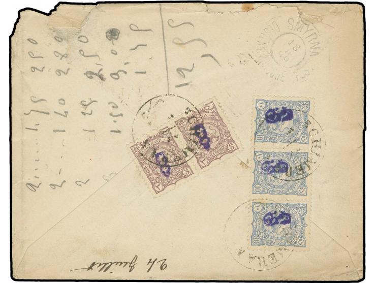 3 ch. in horizontal pair and 10 ch. in horizontal strip of 3 tied by cds. "SCHIMERAN" to reverse of cover to Smyrna with adja