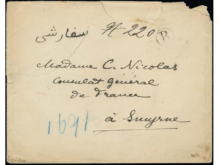 3 ch. in horizontal pair and 10 ch. in horizontal strip of 3 tied by cds. "SCHIMERAN" to reverse of cover to Smyrna with adja