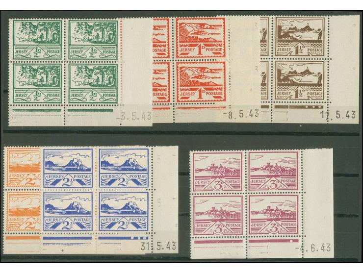 Ansichten ½ P.-3 P. kpl. in 4er-Blocks aus der rechten unteren Bogenecke mit Druckdaten, dabei 1 P. mit seltenem Druckdatum 1