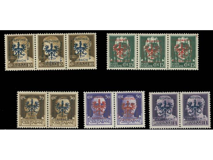 Partisanen-Ausgabe 10 C., 15 C., 30 C., 50 C. und 1 L. in waagerechten 3er-Streifen bzw. Paaren, 1 L. kleine Signatur und für
