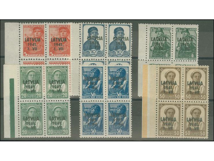 1941, 5 K.-50 K. kpl. in 4er-Blocks, meist vom Bogenrand, postfrisch (Mi. 320,-)