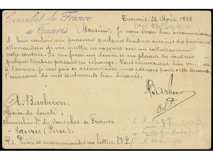 8 ch. and 2 copies 2 ch. as additional franking on postcard 5 ch., as registered postcard from Tabriz 1899 to Germany and her