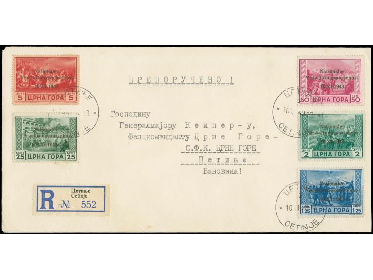 Verwaltungsausschuß 25 C.-5 L. mit Stempel "CETINJE 10.XI.43" auf nicht gelaufenem R-Brief, laut Fotoattest Brunel BPP Stempe