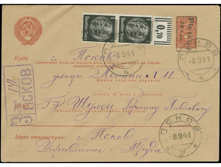 SCHWARZER AUFDRUCK: 20 K. auf 1 Pfg. im senkrechten Oberrandpaar mit Stempel "PSKOV -8 9 41" als Zufrankatur auf eingeschrieb