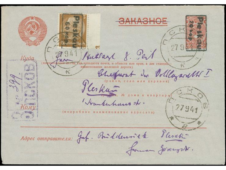 Unverausgabte 60 K. auf Hindenburg 3 Pfg. mit Stempel "" als Zufrankatur auf eingeschriebem, nicht beförderten Ganzsachenumsc