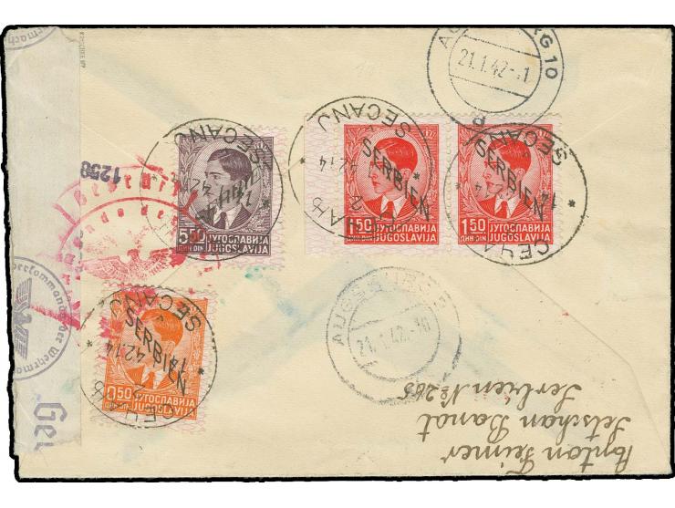 1941, Aufdruck-Ausgabe 0,50 D., 1,50 D. im waagerechten Paar mit 2. Aufdruck-Ausgabe 5,50 D. rückseitig auf R-Brief von "SECA