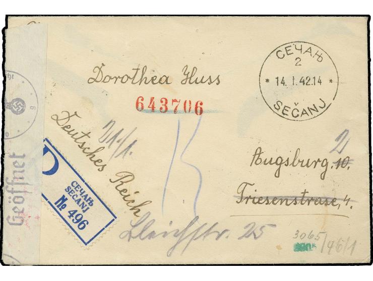 1941, Aufdruck-Ausgabe 0,50 D., 1,50 D. im waagerechten Paar mit 2. Aufdruck-Ausgabe 5,50 D. rückseitig auf R-Brief von "SECA