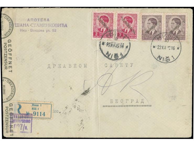2 D. und 2. Aufdruck-Ausgabe 5,50 D., je im waagerechten Paar auf zensiertem R-Brief von "NIS 1 22.XII.42" nach Belgrad mit A
