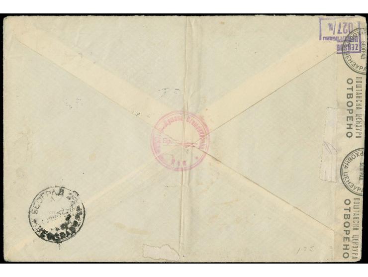 2 D. und 2. Aufdruck-Ausgabe 5,50 D., je im waagerechten Paar auf zensiertem R-Brief von "NIS 1 22.XII.42" nach Belgrad mit A