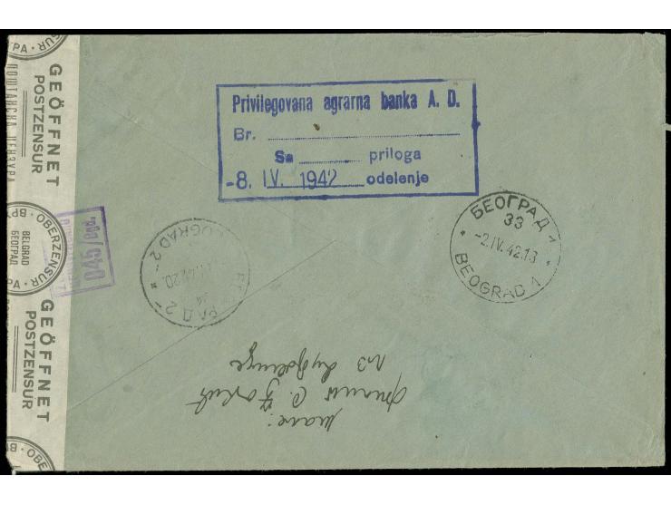 3 D. mit 2. Aufdruck-Ausgabe 6 D. auf zensiertem R-Brief von "POZAREVAC 31.III.42" nach Belgrad mit Ankunftsstempel, sign. Kr