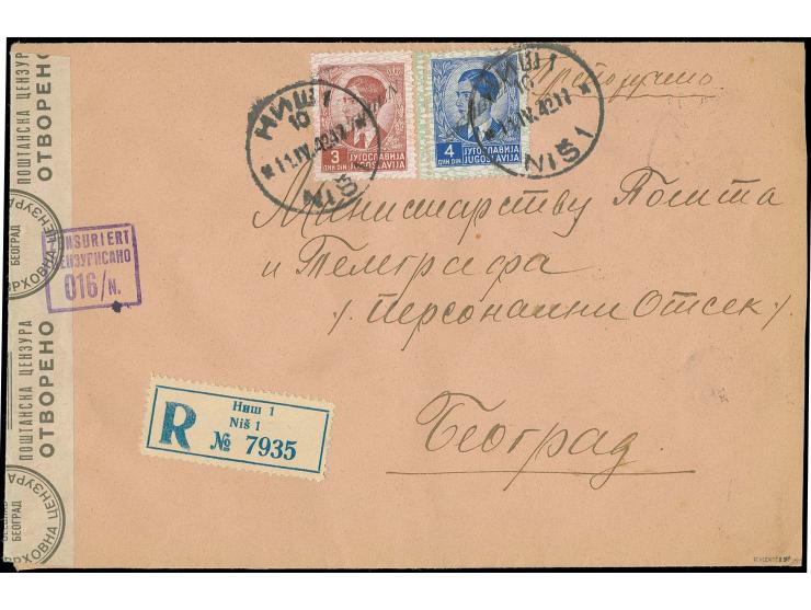 2. Aufdruck-Ausgabe 3 D. und 4 D. auf zensiertem R-Brief von "NIS 1 11.IV.42" nach Belgrad, sign. Schlenger BPP