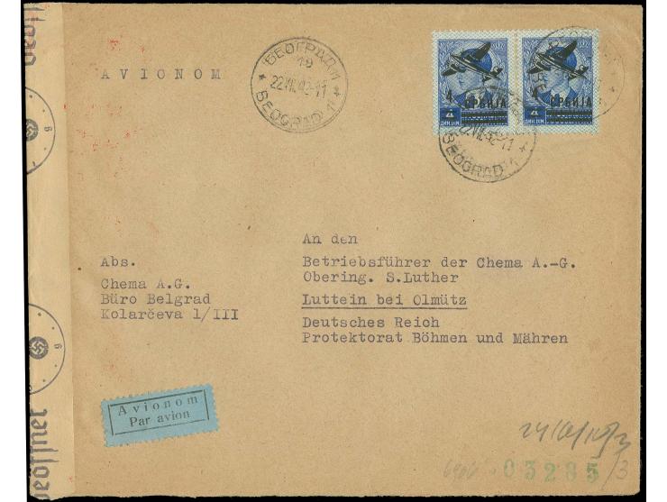 Flugpost-Ausgabe 4 D. im waagerechten Paar auf zensiertem Luftpostbrief von "BELGRAD 22.VII.42" nach Luttein in Böhmen und Mä