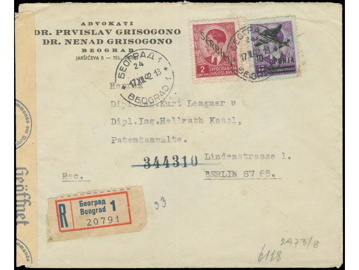 10 auf 12 D. mit Freimarke 1. Ausgabe 2 D. auf zensiertem R-Brief von "BELGRAD 17.XII.42" nach Berlin; Luftpost-Marke Eckschü