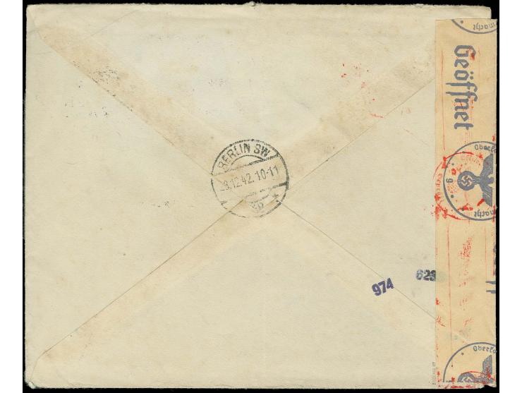10 auf 12 D. mit Freimarke 1. Ausgabe 2 D. auf zensiertem R-Brief von "BELGRAD 17.XII.42" nach Berlin; Luftpost-Marke Eckschü