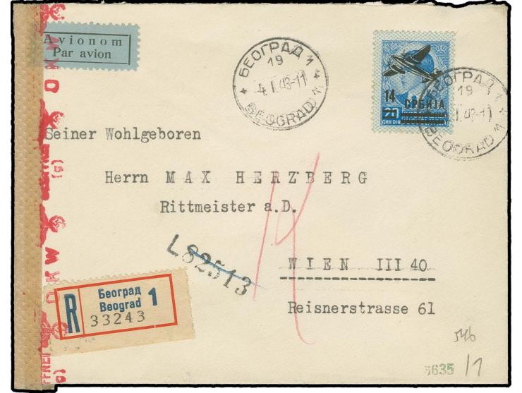 14 auf 20 D. auf zensiertem R-Brief von "BELGRAD 14.1.43" nach Wien, sign. Krischke BPP
