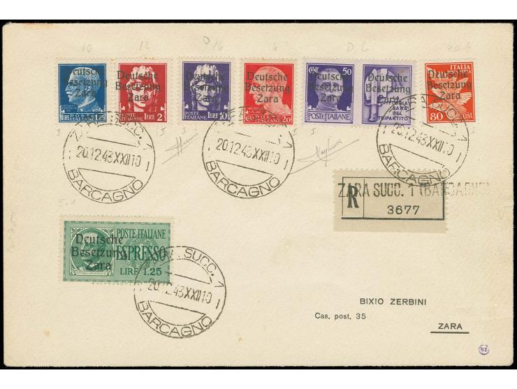 10 L. blau mit Zufrankatur (dabei Eil- und Flugmarke) mit Stempel "ZARA SUCC 20.12.43" auf R-Brief, einige kleine Werte mit s