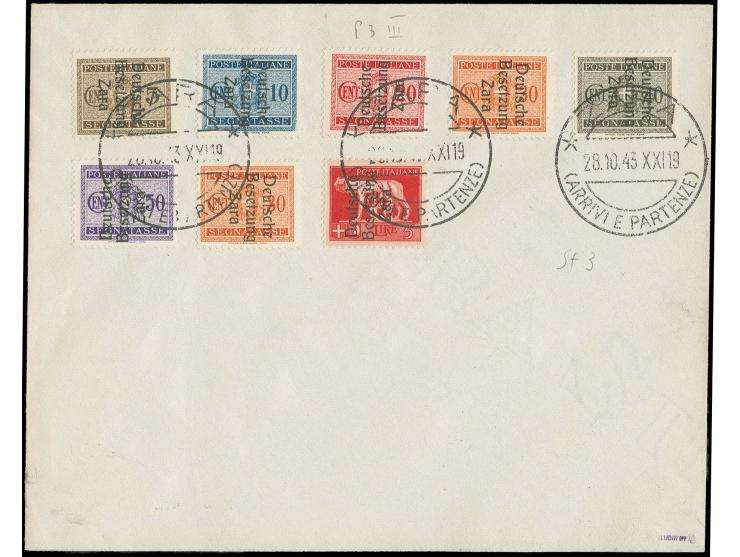 5, 10, 20 (Type III), 30 (2), 40 und 50 C. gestempelt "ZARA (ARRIVI E PARTENZE) 28.10.43) auf Briefumschlag ohne Beschriftung