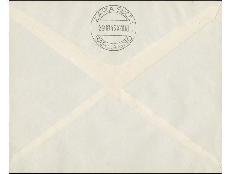 5, 10, 20 (Type III), 30 (2), 40 und 50 C. gestempelt "ZARA (ARRIVI E PARTENZE) 28.10.43) auf Briefumschlag ohne Beschriftung
