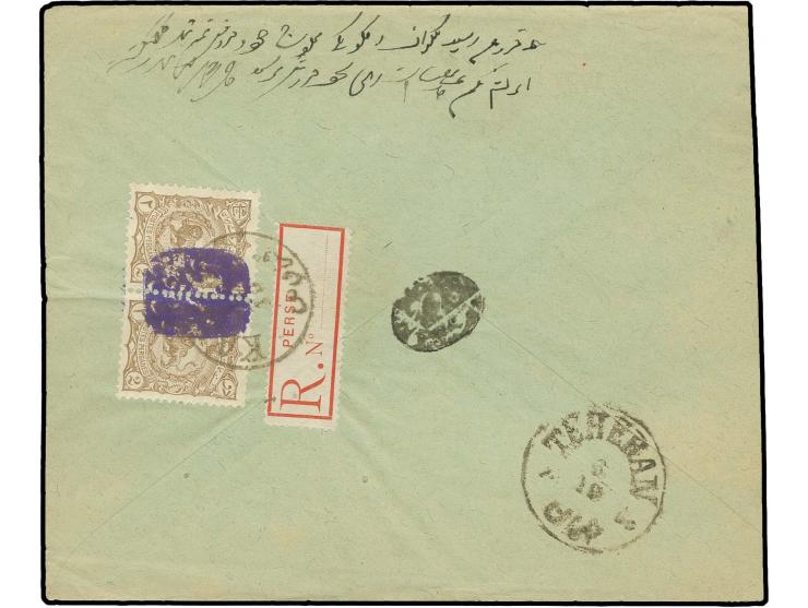 2 ch. in horizontal pair with register label used as 1 ch. tied by Kazvin cds. to reverse of cover to Ispahan with Teheran tr