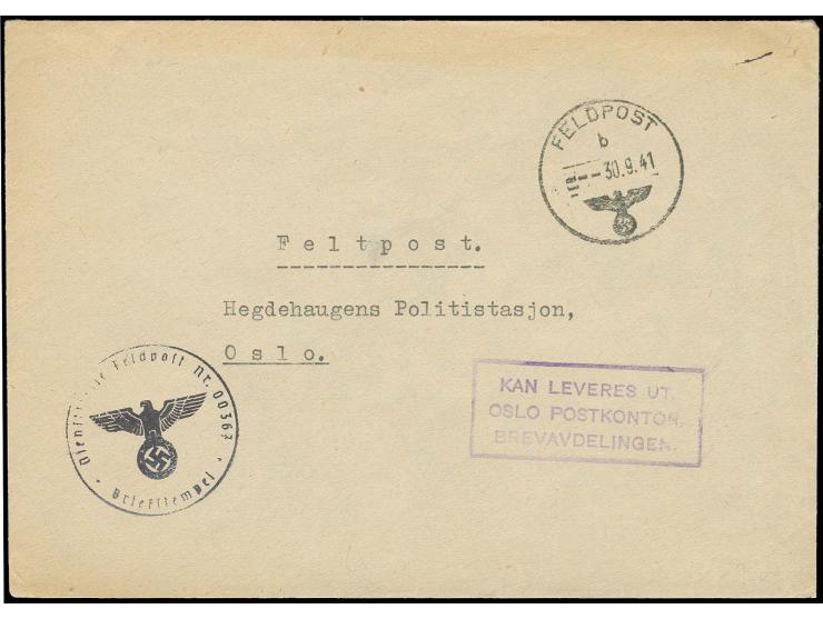 1941, Norwegische Legion, Brief mit Normstempel "b 30.9.41" und Briefstempel mit Feldpostnummer "00367" (Armee Pferdepark) an
