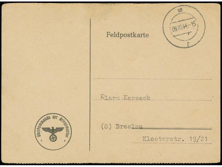 1944, Festung St. Nazaire, Funknachrichten-Karte mit stummen Stempel "VII r 9.10.44" nach Breslau, kleine Spuren
