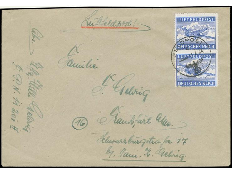 1944, Flugpostzulassungsmarke durchstochen im senkrechten Paar mit Normstempel "e.11.4.44" auf Brief mit Absenderangabe mit F