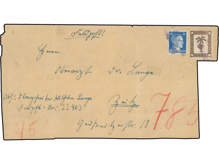 Tunis-Päckchenmarke mit Hitler 20 Pfg., beide entwertet durch L2 "Bei der Feldpost eingeliefert" auf vollständiger Päckchenad