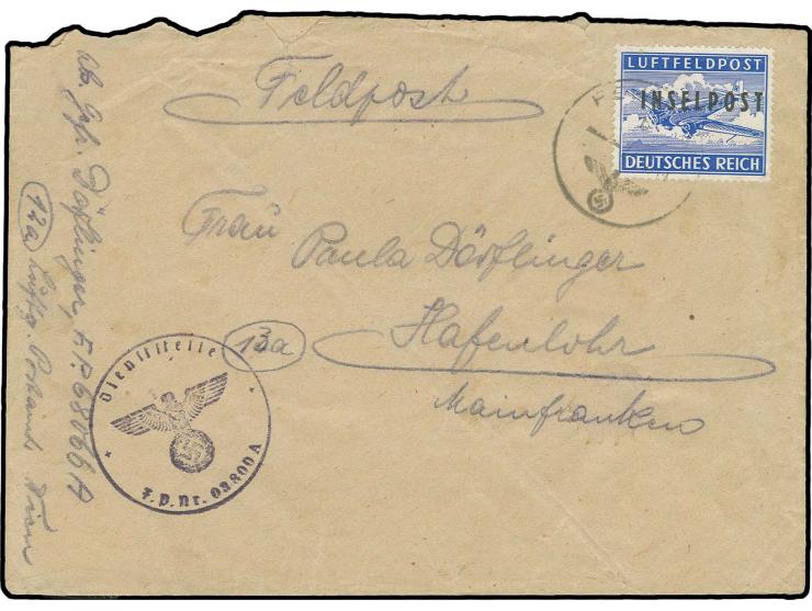 Rhodos gezähnt mit Normstempel "FELDPOST b. 22.11.44" auf Brief eines Angehörigen der Feldpost-Nr. 68066 (Artillerie-Regiment