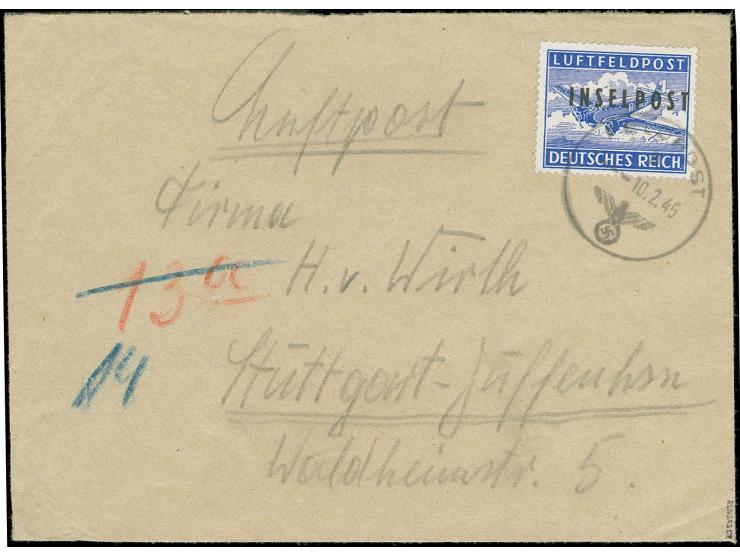 Rhodos gezähnt mit sauberem Normstempel "FELDPOST b 10.2.45" auf Brief eines Angehörigen der Feldpost-Nr. 68069A von Rhodos n
