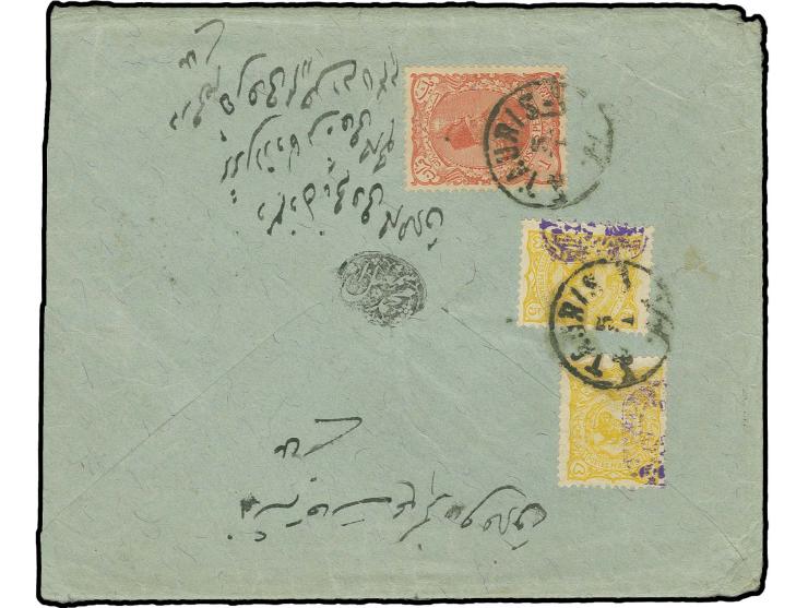 5 ch., 2 single stamps, together with unoverprinted 1 kr. red tied by Tabriz cds. to reverse of registered envelope to Tehera