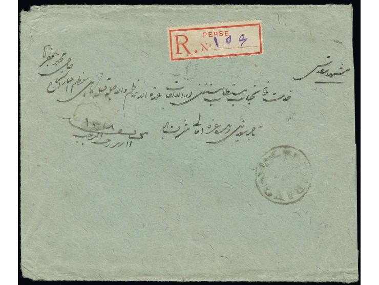 5 ch., 2 single stamps, together with unoverprinted 1 kr. red tied by Tabriz cds. to reverse of registered envelope to Tehera