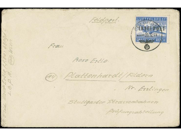 1944, Insel Rhodos durchstochen mit Stempel des Zweigfeldpostamtes in Porto Lago "FELDPOST b 23.11.44" auf Brief von der Inse