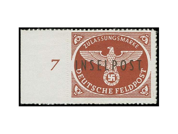 Aufdruck-Essay auf brauner Zulassungsmarke, Aufdruck in deutlich abweichenden dünneren Lettern, linkes Randstück, postfrisch;