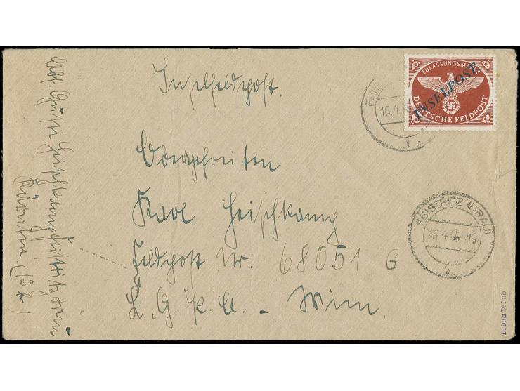 Agramer Aufdruck gezähnt, dunkelblauer Aufdruck, Platte II, mit Stempel  "FEISTRITZ (DRAU) 16.4.45" auf Brief Richtung Front,