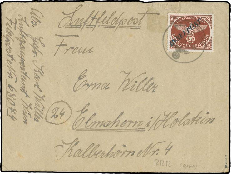 Agram gezähnt mit Stempel "FELDPOST b 18.1.45" auf Brief eines Angehörigen der Feldpost-Nr. 68074 (Rhodos) nach Elmshorn; Ums