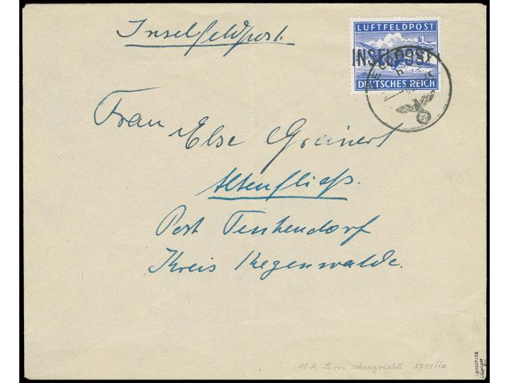 Leros gezähnt mit Aufdruck in schwarzblauviolett mit Normstempel "FELDPOST h 09.2.45" auf Brief der Feldpost-Nr. 68095A in de