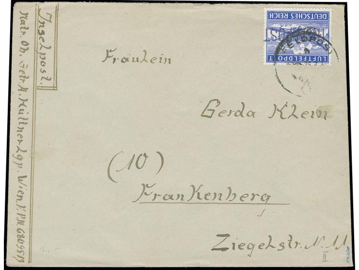 Leros gezähnt, schwarzblauvioletter Aufdruck in Type II, mit sauberem Stempel des Zweigpostamtes Porto Lago "26.3.45" auf Bri