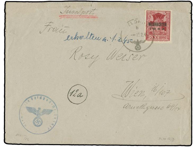 Weihnachtsmarke in Type III mit Normstempel "FELDPOST b 13.2.45" auf Brief mit nebengesetztem Dienststempel der alten Feldpos