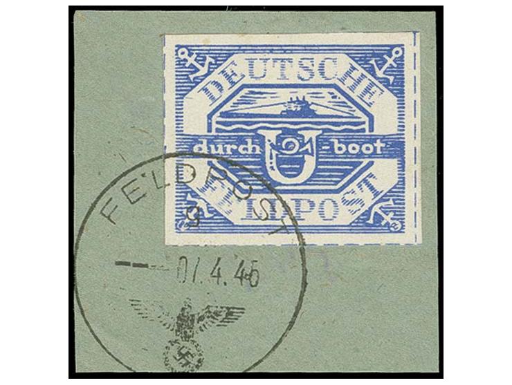 1945, U-Boot Hela blau mit Normstempel "FELDPOST 07.4.45" auf Briefstück, in überdurchschnittler Erhaltung, Fotoattest Gabisc